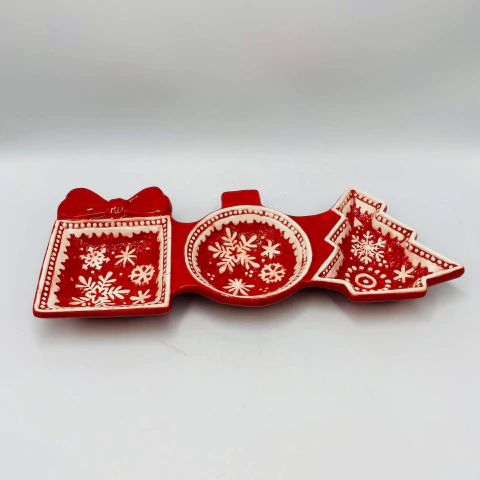 Petisqueira Cerâmica Presente Bola Árvore Vermelha 33x13cm