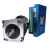Motor de passo com encoder, modelo NEMA 34, mostrando detalhes do motor e do controlador azul.