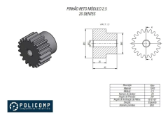Desenho técnico detalhado de uma engrenagem dente reto módulo 2.5 com 20 dentes, mostrando suas dimensões específicas e características técnicas.
