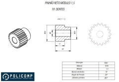 Desenho técnico de uma engrenagem de dente reto módulo 1.5 com 18 dentes, apresentando dimensões e características.