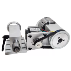 Eixo rotativo com contra ponto de 100mm, equipado com motor de passo de 45kgf.cm e redução de 3:1.