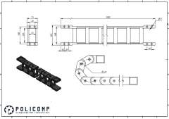 Desenho técnico da esteira porta cabos 55x150x1000mm, mostrando dimensões e detalhes do produto.