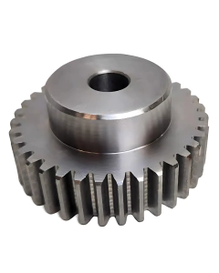 Engrenagem dente reto módulo 2 com 35 dentes, feita de aço 1045, vista lateral.