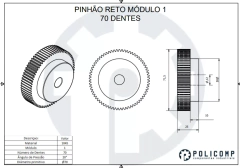 Traçado técnico de uma engrenagem reta com 70 dentes, módulo 1, mostrando diferentes ângulos e dimensões.