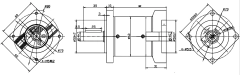 Desenho técnico do redutor planetário com redução 20:1, servo 60mm e folga 12 arc, mostrando diferentes ângulos e dimensões.