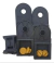 Kit de ponteiras para esteira porta cabos, incluindo peças em plástico preto e componentes em amarelo.