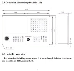 Imagem do controlador CNC dedicado de 3 eixos, mostrando dimensões e vista traseira.