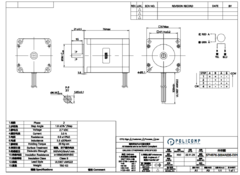 Desenho técnico do motor de passo NEMA 23, com especificações detalhadas.