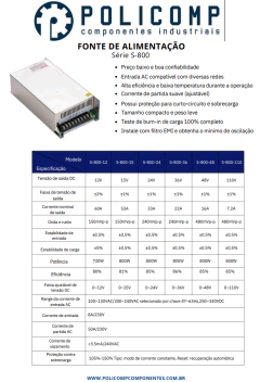 Fonte chaveada de 800W, 36V e 22,22A, mostrando especificações e características do produto.