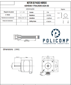 Especificações do motor de passo NEMA 17, incluindo dimensões, ângulo de passo e torque de retenção.