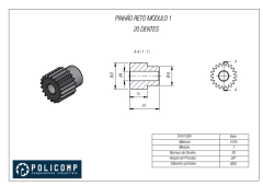 Desenho técnico de uma engrenagem dente reto, módulo 1, com 20 dentes, mostrando dimensões e características. Datasheet Policomp