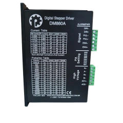 Driver digital para motor de passo DM860A, com tabela de corrente e configurações de sinal.