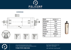 Desenho técnico do motor spindle 1.2KW (1,65cv), refrigerado a água, mostrando dimensões e especificações.