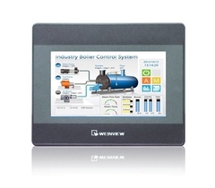 Interface Homem Máquina Weintek 7" com exibição de um sistema de controle de caldeira industrial, apresentando gráficos e indicadores.