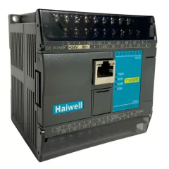 Controlador lógico programável T16S0R-E da Haiwell, com 8 entradas e 8 saídas relê, exibindo conectores e LEDs de status.