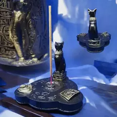 Incensário de Resina Preto com Deusa Gata Egípcia Bastet 9cm
