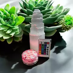 Torre de Selenita com Base Cromoterapia: Energize, Decore e Cure - 2 Tamanhos - Orgonites e loja de artigos esotéricos