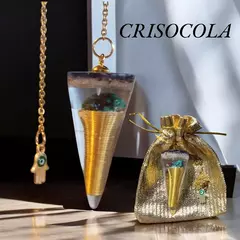 Pêndulo de orgonite 4.9cm Espiral - Crisocola e pingente de Mão Hamsa