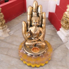 Estatueta Dourada de Buda em Lótus com Incensário - base orgonite - Paz e Harmonia