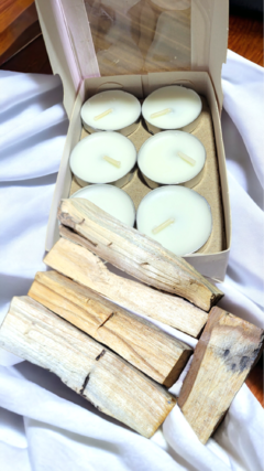 Kit Bem-Estar: Palo Santo 50g e Velinhas de Rechaud 18 unidades