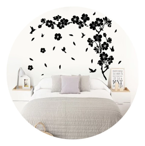 Vinilo Decorativo Marco Respaldo Cama Flores Hojas Pajaros