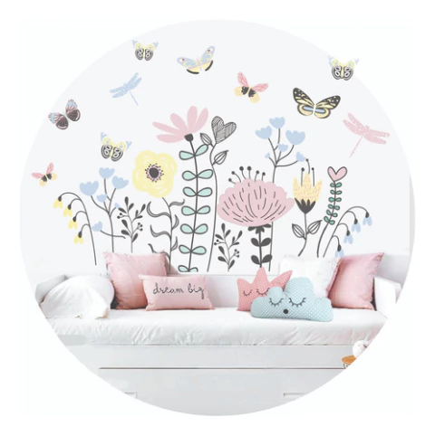 Vinilo Decorativo Infantil Flores Mariposas Nordico Pastel
