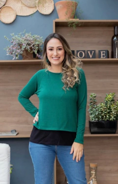 Blusa de amamentação dupla decote redondo manga longa malha lanzinha