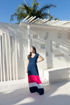 Vestido de amamentação decote V longo 3 marias bloco de cores na internet