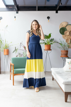 Vestido de amamentação decote V longo 3 marias bloco de cores
