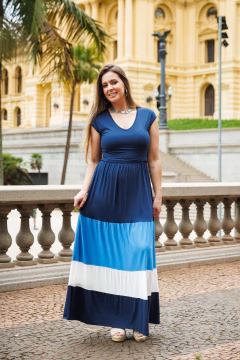 Vestido de amamentação decote V longo 3 marias bloco de cores - Dnmammy roupas de amamentação