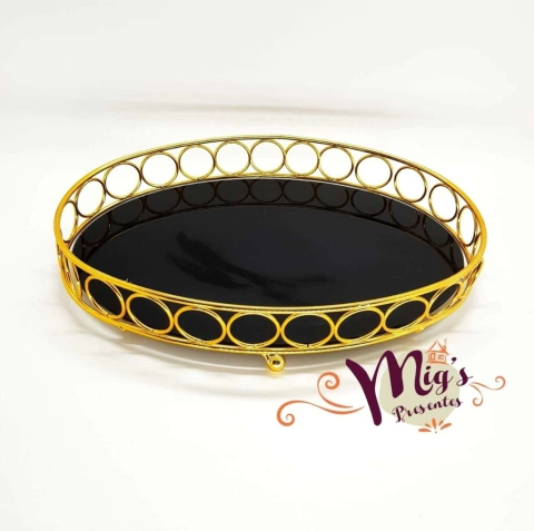 BANDEJA OVAL DOURADA ESPELHO PRETO P