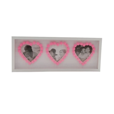 PORTA RETRATO BRANCO E ROSA - 3 FOTOS