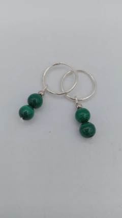 Par de aros de bolitas de 6mm de Malaquita y argolla de plata tamaño chico
