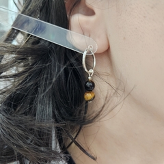 Par de aros de bolitas de 6mm de Ojo de Tigre y argolla de plata tamaño chico