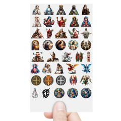 Cartela 40 Adesivos Jesus/Maria/Santos DTF UV Prova D'Água