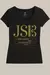 Remera negra de mujer con diseño dorado homenaje a Johann Sebastian Bach con las letras JSB y texto en alemán