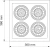 Diseño técnico del plafón antideslumbrante cardánico cuadrado para AR 111, mostrando cuatro luces en un esquema de 360 mm x 360 mm.