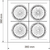 Diseño técnico de un embutido multispot cuadrado con cuatro luces cardánicas para AR 111 GU10, con dimensiones de 360 mm x 360 mm.