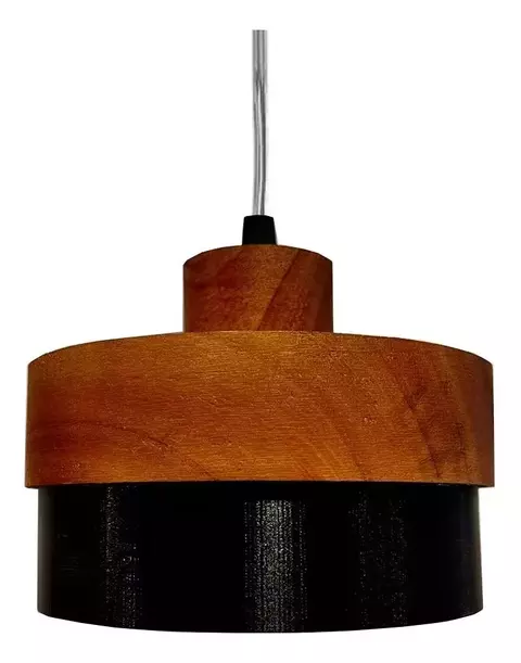 Lámpara colgante de una luz, diseño redondo de madera maciza de cedro con un acabado en tonos marrón y negro.