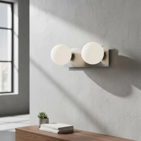 lampara spot de pared 2 luces con esfera de vidrio blanca redonda de vidrio 