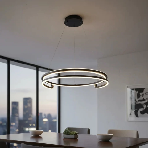 Colgante Black moderno de diseño circular negro con luz LED integrada colgando del techo