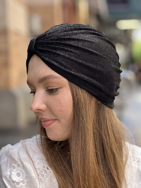 Turbante Baba Lamé Seda Negro (Cabeza Entera)
