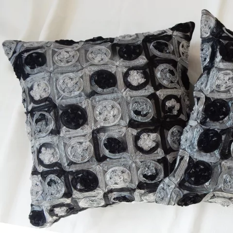 Fundas de Almohadón Cuadro Floral Negro Plata Packx2