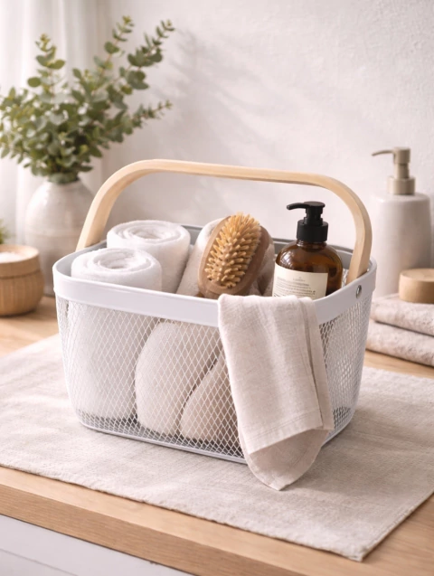 Canasta Organizador Metal con mango madera blanca