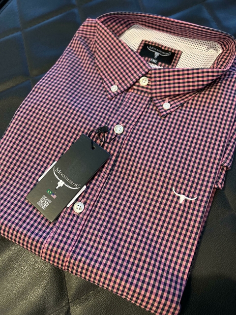 Camisa Moiadeiros Xadrez Rosa/Preto Masculina Manga Longa