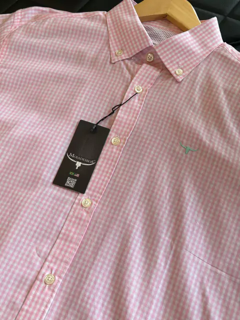 Camisa Moiadeiros Xadrez Rosa/Branco Masculina Manga Longa