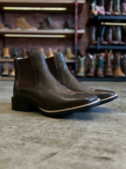 Botina Masculina Calvas Semi Cromo Cafe Couro Legítimo Bico Quadrado 1025
