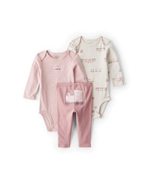 Carter´s Set 3 Piezas Bodies Mangas Largas Pantalon Rosa Tren
