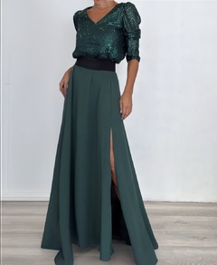 Blusa Katia pailettes + Maxifalda Bogota crepe Verde ingles