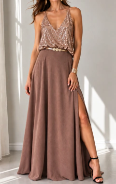 Conjunto Ambar pailettes + Maxifalda Bogota crepe Toffee